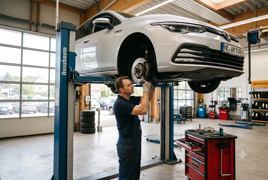 Mechaniker an einem Golf auf der Hebebühne