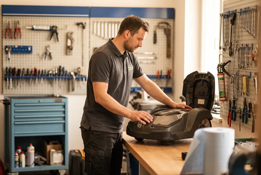 Mechaniker mit einem Mähroboter auf der Werkbank