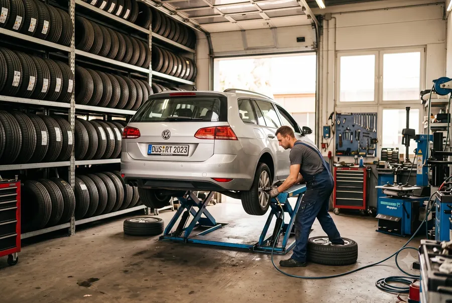 Reifenwechsel an einem VW vor dem Reifenregal
