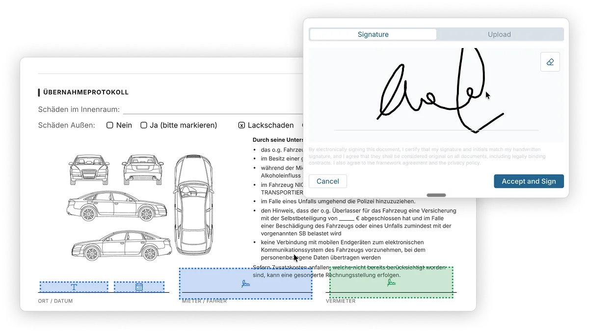 Übernahmeprotokoll für den Leihwagen mit Schadensskizze und digitaler Unterschrift
