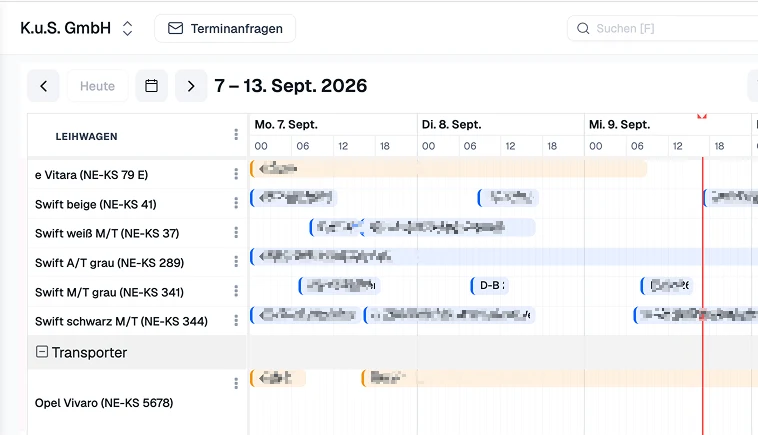 Wochenansicht der Leihwagen mit Zeitstrahl je Fahrzeug