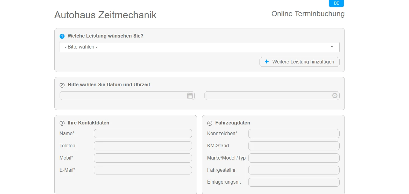 Online-Terminbuchung aus Kundensicht mit Leistung, Datum und Kontaktdaten