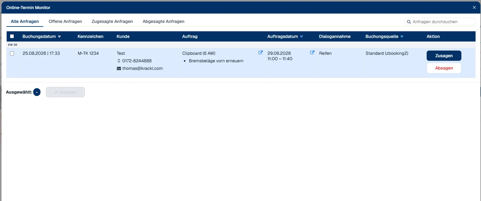 Online-Termin Monitor mit eingehenden Buchungsanfragen
